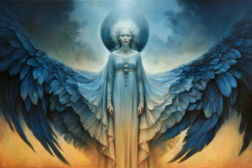 Surrealistyczny portret smutnej kobiety-anioła z rozpostartymi skrzydłami. Niebo i księżyc w tle. Dylemat-niebo czy ziemia?